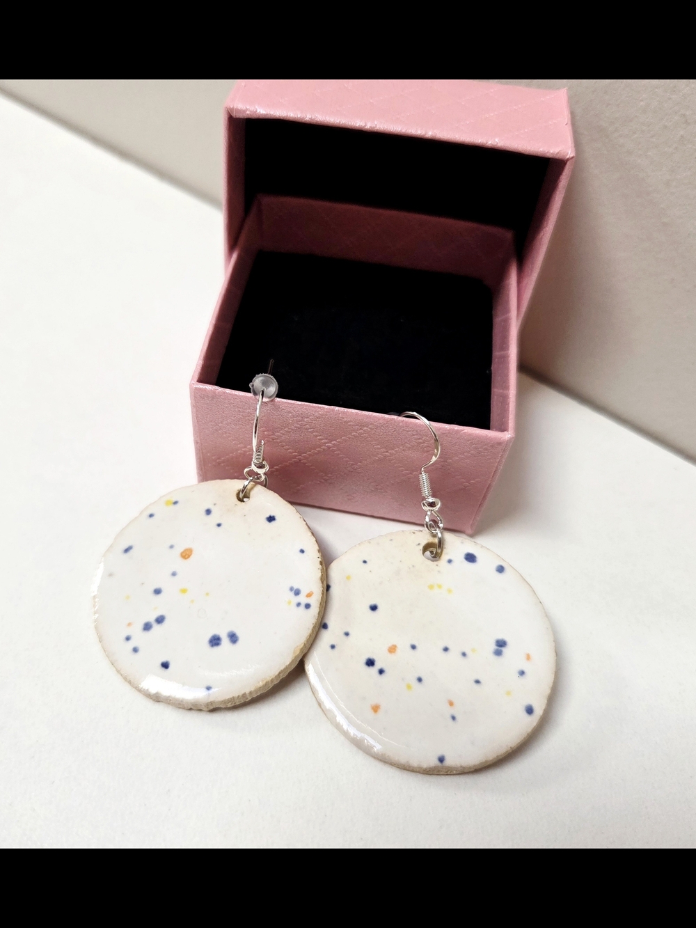 Handmade White Speckled Round Ceramic Dangle Earrings